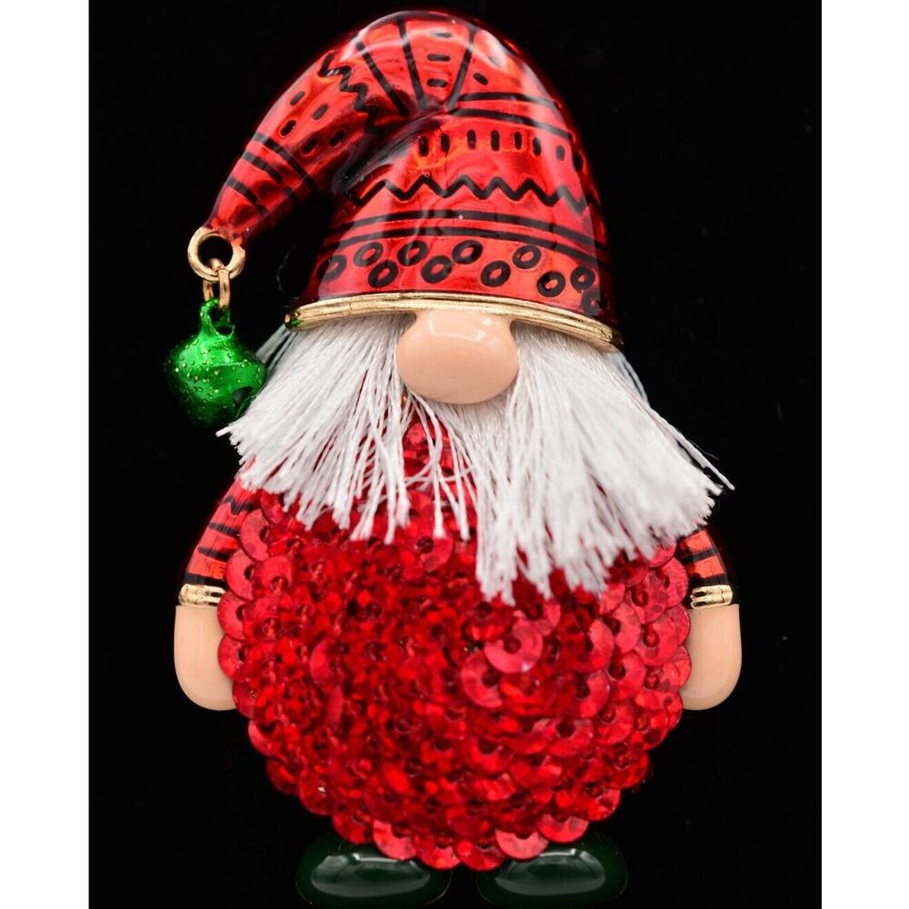 Vintage Elf Pin Brooch Christmas Gnome Red Sequin Bells Santa Holiday Y2K Bin4